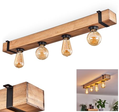 HOFSTEIN Deckenleuchte Montgomery, Deckenlampe aus Holz/Metall in Natur/Schwarz, moderne Leuchte im skandinavischen/Boho/Industrial-Design mit Holzbalken, 4 x E27, Schlafzimmer, Wohnzimmer, Esszimmer