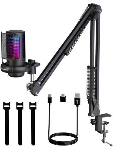 Kasonic RGB Gaming Microphone Avec Bras Articulé - Condensateur Studio à Domicile pour PC, USB pour Enregistrement de Podcasts, Kit de Streaming pour PS4/5 Mac