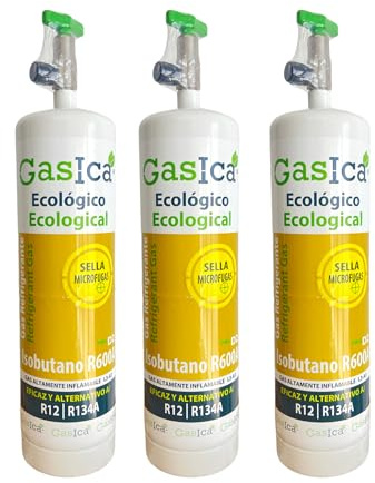 All4Sale - Gas Refrigerante Ecológico Orgánico GASICA D2 PRO Compatible con R134A y R12 – Pack de 3 Envases (Equivalente a 900 g) con Válvula Incluida