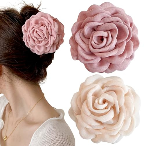 2 Stück Blumen Haarklammer,Hawaii Chiffon Rosa Blume Haarspangen Damen Aprikose Haarklammern Blumen Stoff Seide Rose Flower Hair Clip Claw Clip Tüll Floral Haarclips Haarspange Sommer Hair Accessories
