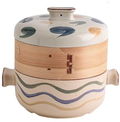 MGHRUE Cocotte Japonaise avec Panier Vapeur en Bambou, Cocotte en Céramique, Marmite en Argile, Ragoût À Vapeur pour La Cuisine,C,2.5L