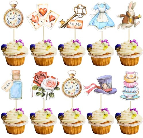 Ephlyn 36Pcs Wonderland Cupcake Toppers Bowl Key Clock Fairy Eat Me Cupcake Picks Cat Bunny Try Me Cake Topper Decorations for Tea Party Baby Shower Kids Girls Birthday Party Supplies