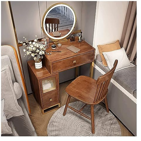 ZONABSQQ Schminktisch Robuster Schminktisch aus massivem Holz, Schminktisch mit Hocker und Schubladen für kleinen Raum, geeignet für Mädchen und Frauen Multifunktion