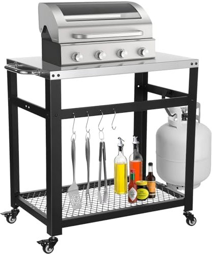 Carrello per barbecue in acciaio inox con ruote, carrello per forno per pizza, tavolo da preparazione per esterni, carrello da lavoro mobile per griglia, griglia e preparazione degli alimenti, 80 x 75