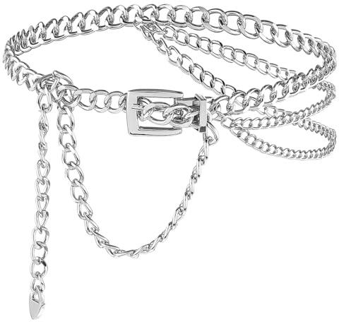 Aeaocvo Silver Chain Belt Adjustable Metal Belt Chain Multilayer Waist Chain Belt for Women, Stylish Chain Belts for Dresses, Jeans, Skirts