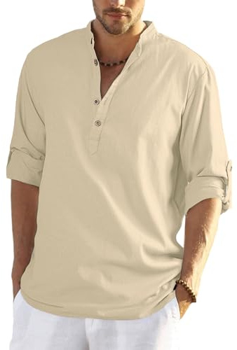 YAOHUOLE Linen Shirt Men Long Sleeve Cotton Beach Shirt Casual Summer Shirt Granded Shirt Cheesecloth Shirts Khaki M