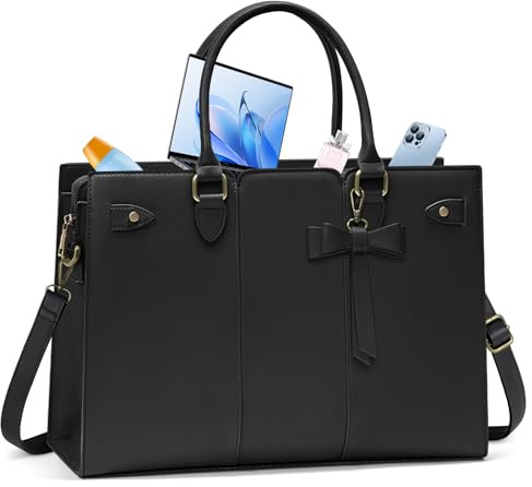 RAINSMORE Laptoptasche Damen PU Leder Handtasche Groβ Arbeitstasche Damen Aktentasche Shopper Tasche Umhängetasche 15.6 Zoll Schwarz