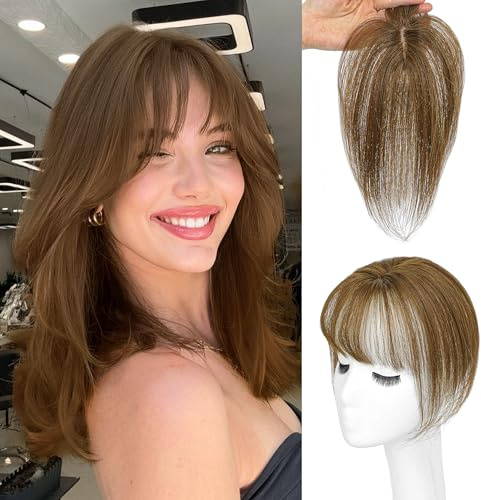 BUPPLER Haar Topper für Frauen Echthaar-360°3D Topper mit Pony für Dünner Werdendes Haar Clip in Pony mit Verbesserter Seidenbasis,Perfekt für Den Täglichen Gebrauch,4x6 Braun