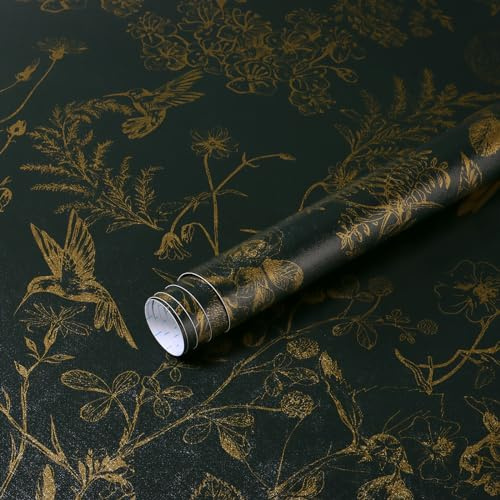 Yomshi Self Adhesive Wallpaper Black Gold Peel and Stick Wallpaper Floral Leaf Wallpaper Bird Removable Vinyl Film for Living Room Bedroom Wall Cabinet 44cm×10m