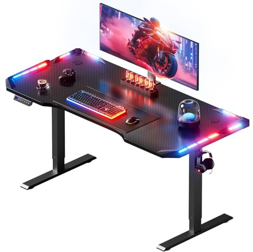 HLONONE Höhenverstellbarer Schreibtisch 120 x 60 cm，Gaming Tisch mit LED，Elektrischer Schreibtisch，Steh-Sitz Tisch mit Kohlefaseroberfläche, Elektrisch Computertisch mit 3-Funktions-Memory, Schwarz
