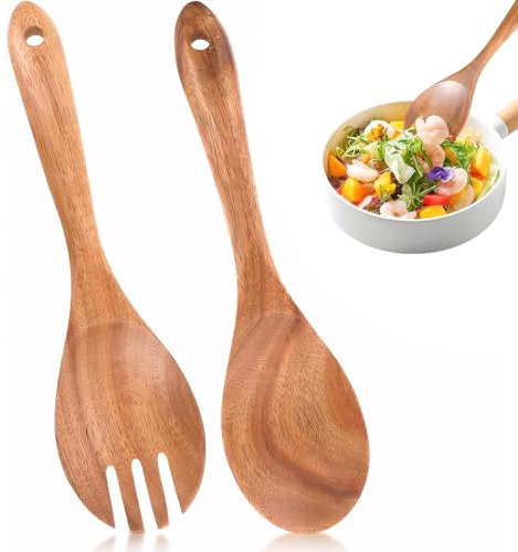 SIWOKJJO 2 Stück Salatbesteck, Salatbesteck Holz, 26cm Salatlöffel Salatgabel Salatbesteck aus Akazienholz Holzbesteck für Mischen Kochen Küchenhelfer
