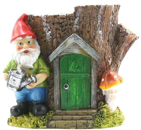 Tabac du Bassigny Cache-Pot Décoratif Féérique avec Nain de Jardin, Souche d'arbre avec Porte Verte, 13 x 14 x 13 cm
