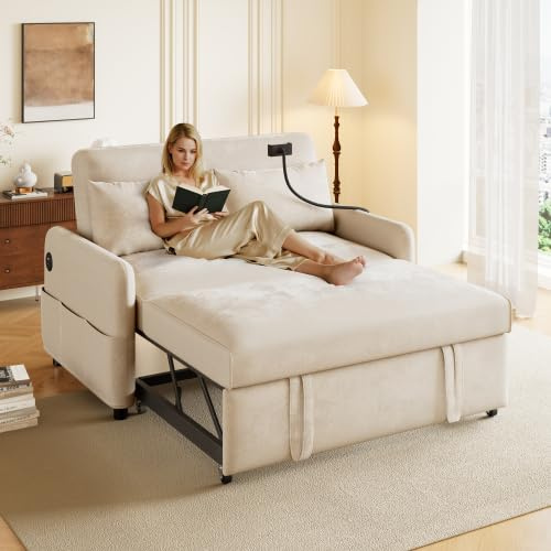 Huayz Sofá cama moderna, sofá cama doble plegable, multifunción con respaldo ajustable y soporte para teléfono móvil y puerto de carga USB