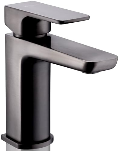WAI - Rubinetto miscelatore per lavabo, colore: grigio canna di fucile, leva singola, rubinetto moderno per lavabo con tappo a pressione