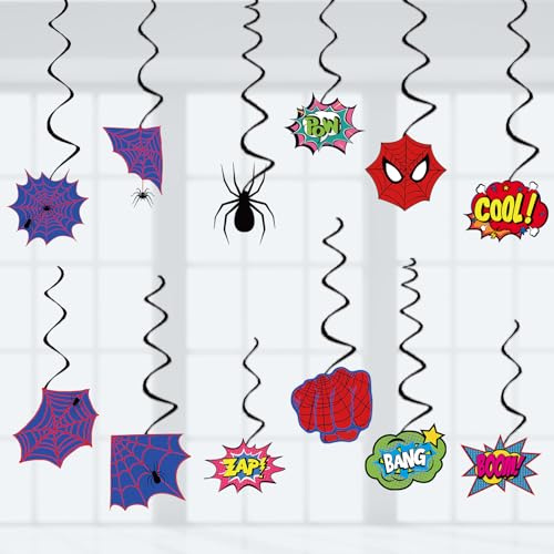 Spider Birthday Decorations Heros Party Decor, Assembled and Ready to Use, Spider Web Theme Party Hanging Swrils 24pcs Party Streamers Kids Birthday Party Decor Supplies
