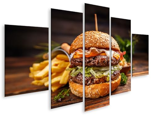 islandburner Prime Quadro su tela Burger a doppio piano con patatine fritte su un tavolo in legno Immagini Poster