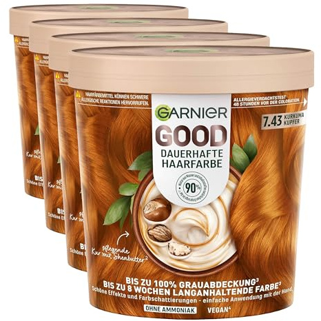 Garnier GOOD Dauerhafte Haarfarbe 7.43 Kurkuma Kupfer – Coloration ohne Ammoniak, bis zu 100% Grauabdeckung, 1 Stk. (Packung mit 4)
