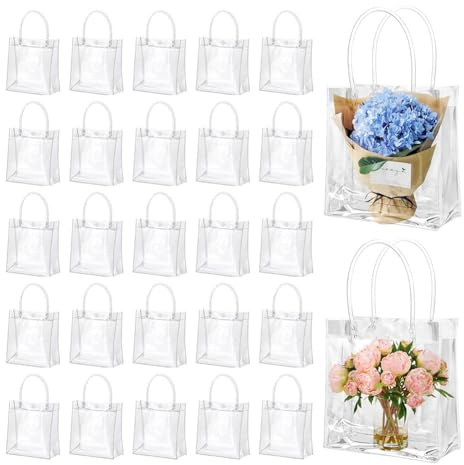 Exogio 50 Stück Klare Geschenktüten mit Griffen, Süßigkeitentüten, Transparente Geschenktüten Aus Kunststoff, Wiederverwendbare Tragetaschen für Hochzeiten Party, Babyparty Gastgeschenk