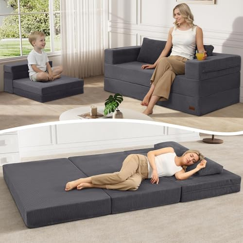 MeMoreCool Cord Schlafsofa, Klappbares Bodensofa 2-Sitzer, Grau