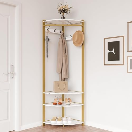 Schuhregal Mit Garderobe, Garderobenständer Ecke,Metall Eckgarderobe,Freistehender Kleiderständer Mit 4 Ebenen 6 Haken Für Kleidung Hut Tasche,Flur Eingang Wohnzimmer Schlafzimmer,Gold