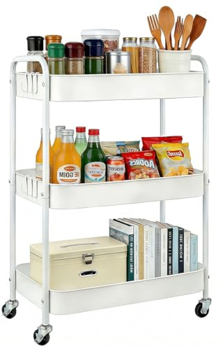 Amyu Trolley on wheels, 3 Tier Storage Trolley, Metal Kitchen Trolley, Vegetable Rack, Book cart, Beauty Organiser for Bathroom, Office, Living Room, Multi-Purpose Mobile Storage