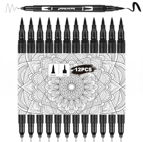 Sibba 12 Pack Felt Tip Pens, Dual Tip Black Markers Black Markers Washable Colouring Pens Water-Based Marker for Adults, Fineliners Drawing Pen for Art, Drawing, Sketching, Journaling, Calligraphy