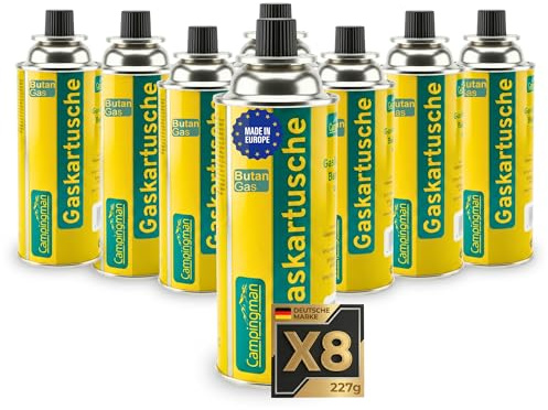 Campingman 8 x 227g Gaskartuschen MSF-1A im – Butangas Kartusche mit Ventil für Campingkocher, Unkrautbrenner, Gaskocher, Grill & Gasgeräte, Campinggas, Gasheizung, Gasbrenner