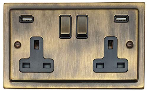 Victorian Antique Brass Socket with USB (2 Gang) - TAB3910