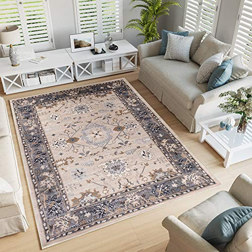TAPISO Colorado Teppich Wohnzimmer Kurzflor Klassisch Orientalisch Beige Grau Floral Ziegler Ornament Muster Orientteppich ÖKOTEX 140 x 200 cm