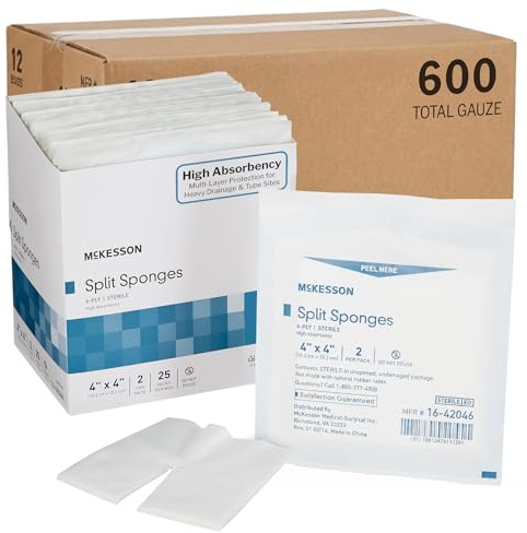 McKesson High Absorbency Split Gauze Sponges 4x4 Inch (600 Sponges, 12 Box Bulk) - 6-Ply Sterile Tracheostomy & Tube Dressings – Pre-Cut Slit for Drainage & Catheters – 2 per Pack