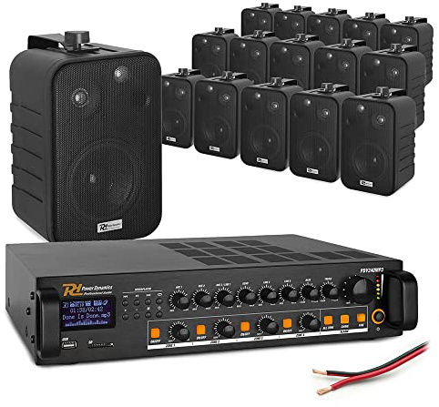 Power Dynamics 4-Zone Wall Mount Speaker System with Bluetooth PA Mixer Amplifier, 16x 4 Black 100V Speakers, Background Music System Ideal for Restaurant, Cafe, Bar, Shop, Office & Commercial Spaces