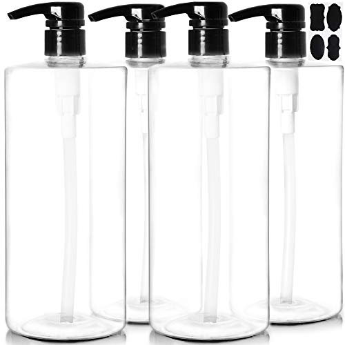 Youngever Lot de 4 Bouteille Pompe Shampoing 1L, Bouteille Pompe Vide Plastique 1000ML, Distributeur Flacon Pompe en Noir Top Pompe