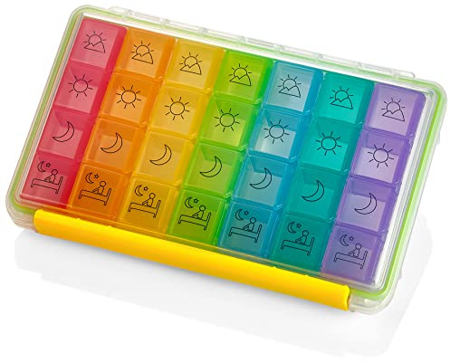 Tabletten-Organizer für die Woche, tragbar, 4 Mal pro Tag, wasserdicht, feuchtigkeitsbeständig, für morgens und abends, bunter Medikamente, Medikamente, Vitamine und Nahrungsergänzungsmittel