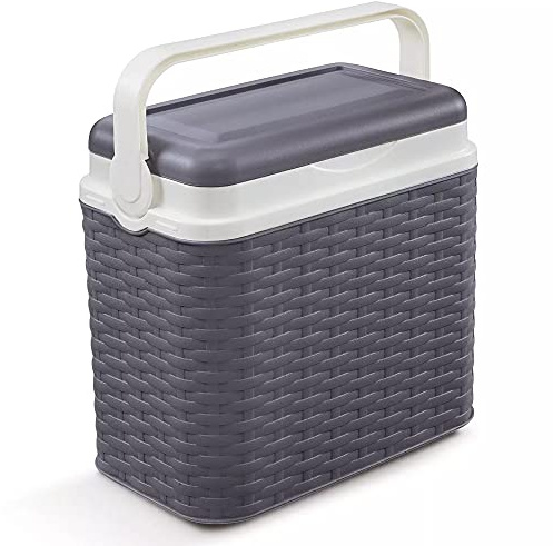 Nevera con diseño de ratán antracita de 10 litros, para camping, playa, pícnic, viajes + 1 bolsa de hielo para viajes (caja enfriadora, antracita)