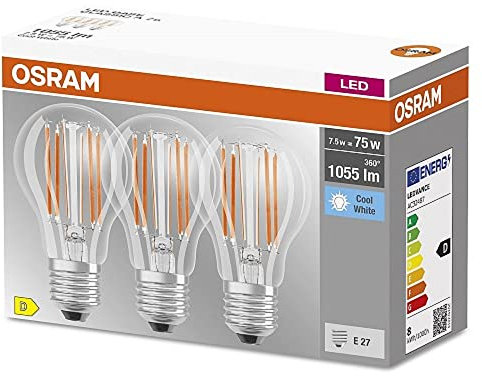 OSRAM LED-Lampe, Sockel: E27, Kalt weiß, 4000 K, 7,50 W, Ersatz für 75-W-Glühbirne, klar, LED BASE CLASSIC A, 3er-Pack