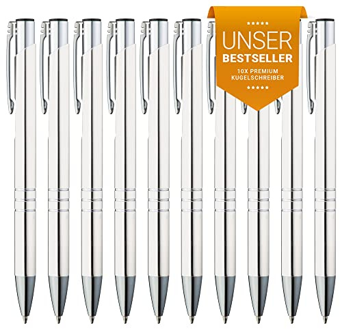 GIMEI® Metall Kugelschreiber Set 10 Stück | Premium Hochwertig, für Einfaches & Weiches Schreiben | Blauschreibender Kulli Weiß als Optischer Hingucker