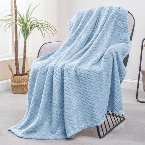 Exclusivo Mezcla Plaid Polaire en Flanelle, Tissu À Motif Chevron, Couverture Douce et Chaude pour Canapé/Lit, Agréable et Douillette, 130x170CM, Bleu Clair