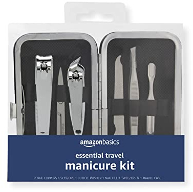 Amazon Basics 6-Piece Essential Travel Manicure Kit, Grooming Set with Nail Clippers, Portable Nail Care Tools in Travel Case