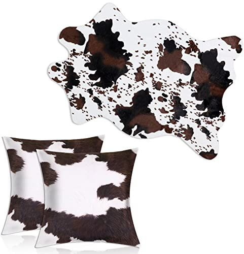 3-teiliges Kuhfell-Kissenbezug-Set, 1,1 x 0,8 m, Kunst-Rindsleder, Teppich, Kuhfell-Teppich, Kuh-Druck, Kissen für Wohnzimmer, Schlafzimmer, Büro, Western-Dekor
