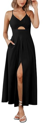 BTFBM Women 2026 Spaghetti Strap Midi Summer Dresses Sleeveless V Neck Cutout Slit Casual Beach Party Maxi Dress Pockets(Black, Large)