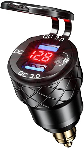 Kewig Aluminum DIN Plug Charger Motorcycle Dual Quick 3.0 USB Charger Power Adapter with LED Display Waterproof for 12V-24V BMW Ducati Triumph DIN Socket