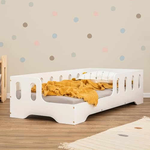 smartwood Bodenbett 80x160 cm mit Rausfallschutz, Holz, Weiß, TILA 1L | Montessori Kinderbett, Lattenrost belastbar bis 230 kg, FSC-Zertifikat, abgerundete Kanten, Einfache Montage, ab 3 Jahren