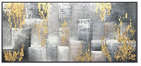 Handgemalte Acrylbilder, Modernes Abstraktes Graues Geometrisches Goldfolienverziertes Kubismus-Kunstwerk Rahmenlose Handgemalte Ölgemälde Auf Leinwand Wandkunst Für Wohnzimmer Schlafzimmer Bür