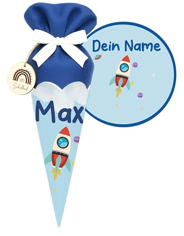 Kidsmood Raketen Schultüte personalisiert mit Namen – Hochwertiges Bastelset inkl. Rohling, Stoff & Holzschild für Einschulung 2026 mit coolem Rakete Design – Einschulungsgeschenk Jungen