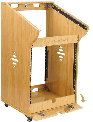 Sound Town DIY Solid Carbonized Bamboo Studio Rack with 11U Slant Mixer Top, 10U Front Rack, 2U Bottom Storage, Casters, Rubber Feet, for Recording Room, PA/DJ Equipment, Home-Audio (STBR-M11X12)