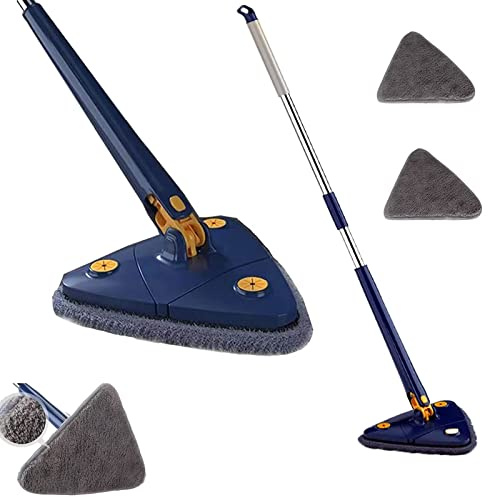 GOFOHIMI Fregona de Limpieza giratoria de 360 ° Triangular fregona Plegable automática de Limpieza de Pared para Limpieza de Ventanas de Pared de Piso（Fregona Triángulo Azul (2 Telas)）