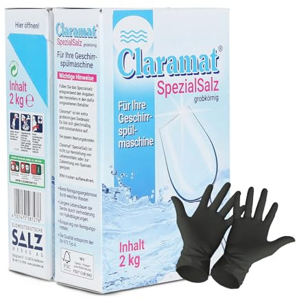 Claramat Spezial Salz 2 x 2 kg (4 kg) Spülmaschinensalz Regeneriersalz Wasserenthärteranlagen Geschirrspülmaschine inklusiv 1 Paar ARNOMED Einweghandschuh