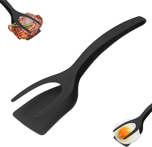 Yowlens 2 in 1 Grip and Flip Spatula Tongs, Egg Flipper Tongs for Pancake, Fish, French Toast, Omelet, Steak, Frying, Turning, Grilling, Kitchen Cooking Tools (Black, 1pcs)