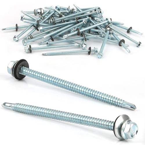 50PCS Vis Autoforeuse Metal 6,3x100 mm Vis Autoperforante Inox Bac Acier Hexagonale Vis Autoperceuse pour Metal Vis Etanche Avec Joint Tole Toiture Autoforante Auto Foreuse pour Plus Fixation(Argenté)