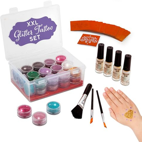 Joya Creative Glitzer Tattoo Set für Kinder - Glitter Tattoo Kit - Umweltfreundliche Glitzertattoos für Kinder - 168 Schablonen, 30 Farben, 4 Pinsel, 4 Kleber - Perfekt für Mädchen